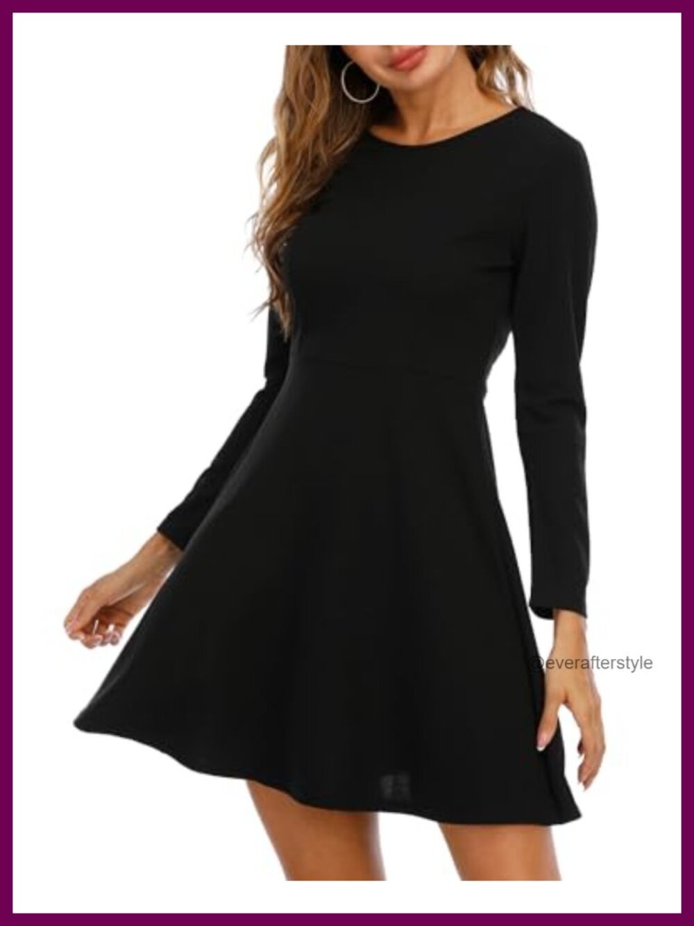 A-Line Skater Dress Long Sleeve Knee Length Round Neck Zipper Back Slim Fit